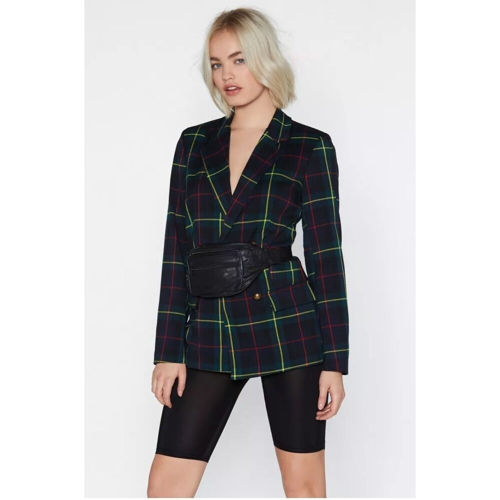 Nasty Gal Double Breasted Tartan Blazer Jacket Womens 6 Green Navy Preppy Fall